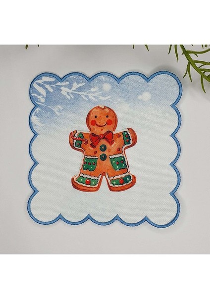 Yılbaşı Kurabiye Adam Desenli Dijital Baskılı Kenarı Nakışlı Kokteyl Peçetesi