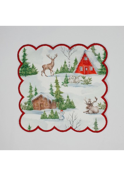 Kış Manzaralı Geyik Ev ve Ağaç Desenli Etrafı Nakışlı Kokteyl Peçetesi