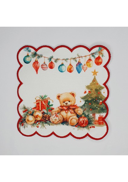 Yılbaşı Konsept Teddy Ayıcık Desenli Etrafı Kırmızı Nakışlı Kokteyl Peçetesi