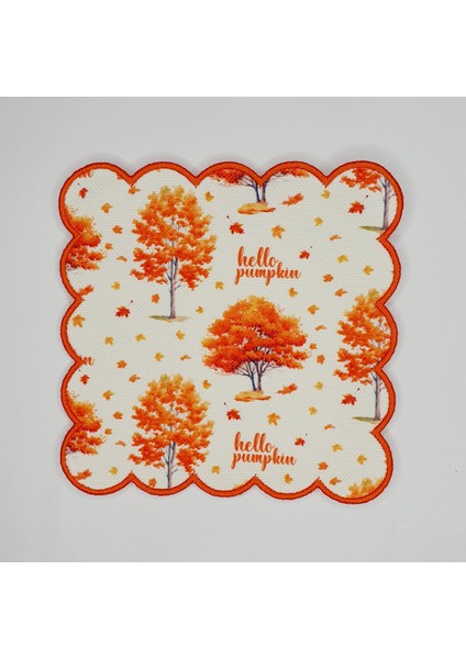 Sonbahar Ağaçları ve Slogan Desenli Etrafı Nakışlı Kokteyl Peçetesi