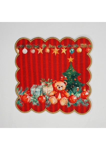 Yılbaşı Konsept Kırmızı Çizgili Teddy Desenli Etrafı Nakışlı Kokteyl Peçetesi