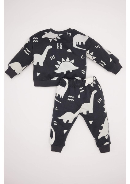 Erkek Bebek 2'li Takım Dinozor Baskılı Sweatshirt Beli Lastikli Eşofman Altı E0674A524WN fırsatları