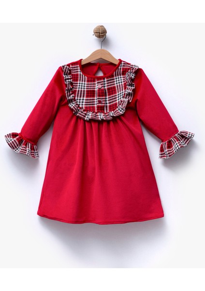 Kız Çocuk Uzun Kol Kırmızı Kadife Elbise