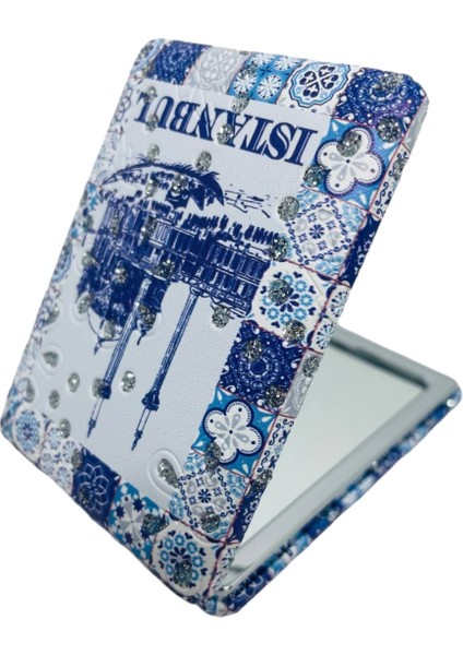 Galata Gift Şık Desenli, Taşlı, Çift Taraflı, Dikdörtgen, 8,5*6cm Boyutlu, Cep, Çanta, Makyaj Aynası