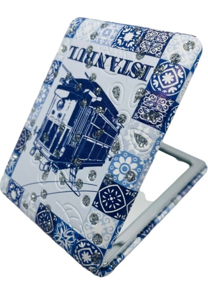 Galata Gift Şık Desenli, Taşlı, Çift Taraflı, Dikdörtgen, 8,5*6cm Boyutlu, Cep, Çanta, Makyaj Aynası