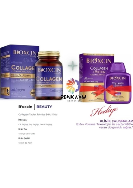 Beauty Collagen 30 Tablet - Tip1 Tip3 Hidrolize Kolajen + Collagen & Biotin Ekstra Hacim Şampuan 300 Ml