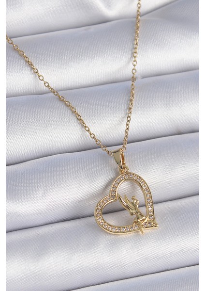 Zincir Gold Renk Zirkon Taşlı Kalp Model Melek Detay Kadın Kolye - EBJ241026W28739