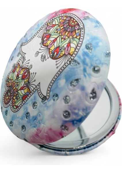 Galata Gift Cep Çanta Makyaj Aynası Şık Desenli Taşlı Çift Taraflı Yuvarlak 7 cm