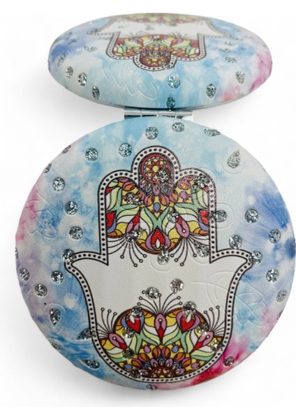 Galata Gift Cep Çanta Makyaj Aynası Şık Desenli Taşlı Çift Taraflı Yuvarlak 7 cm