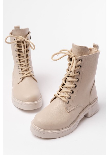 02-356 Bej Galata Düz Topuklu Bağcıklı Fermuarlı Günlük Kadın Bot
