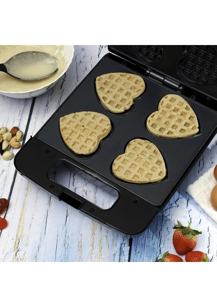 Heart Waffle Makinesi, 4 Dilim Kapasiteli, Yapışmaz Pişirme Plakası, Aşırı Isınma Koruması