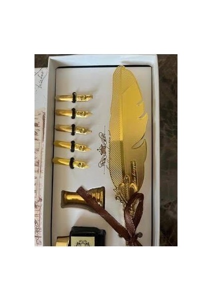 Gold Altın Detaylı Hediyelik Taçlı Divit Kalem Mürekkep Dolma Kalem Hokka Seti Özel Kutusunda fiyatları