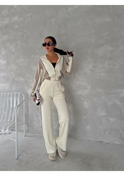 Kadın Trend Eşofman Takımı Dik Yaka Fermuarlı Bol Paça Yanları Şeritli Aysho Model fiyatları