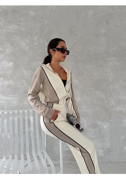 Kadın Trend Eşofman Takımı Dik Yaka Fermuarlı Bol Paça Yanları Şeritli Aysho Model modelleri