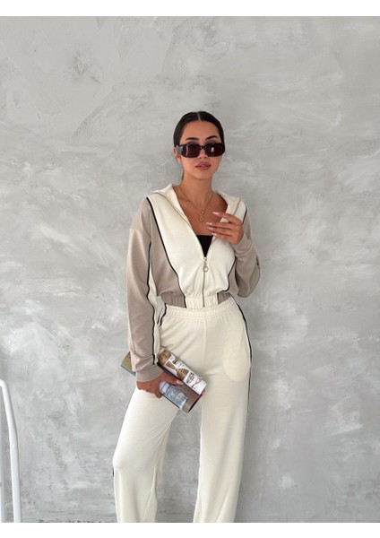 Kadın Trend Eşofman Takımı Dik Yaka Fermuarlı Bol Paça Yanları Şeritli Aysho Model fırsatları