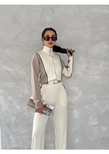 Kadın Trend Eşofman Takımı Dik Yaka Fermuarlı Bol Paça Yanları Şeritli Aysho Model indirimleri