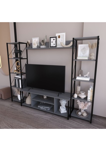 Onebo 200 cm Tv Ünitesi Seti Yaşam Ünitesi Seti Metal Antrasit