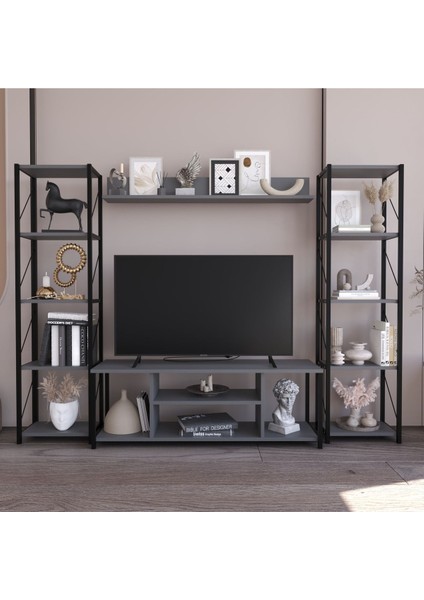 Onebo 200 cm Tv Ünitesi Seti Yaşam Ünitesi Seti Metal Antrasit