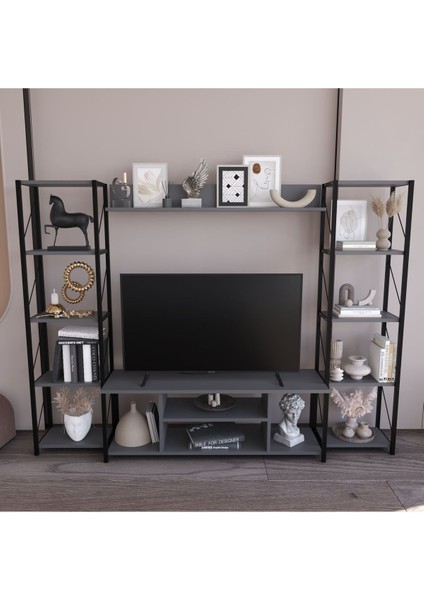 Onebo 200 cm Tv Ünitesi Seti Yaşam Ünitesi Seti Metal Antrasit