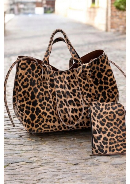 Robin Leopar Desen Big Shopper Pinterest Cüzdanlı Kadın Omuz Çantası