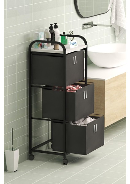 Üç Sepetli Frenli Tekerlekli Elbise Çamaşır Sepeti - Banyo Dolabı Kirli Sepetli Banyo Düzenleyici Dolap fiyatları