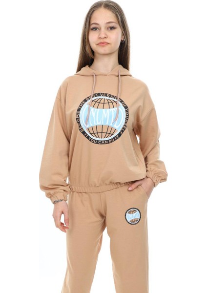 Kahverengi Göğsü Logo Baskılı Kapüşonlu Kız Eşofman Takımı 19763 fırsatları
