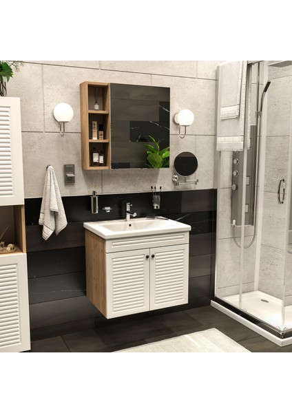 Yıldız Elegance Panjur Kapaklı Aynalı Lavabolu - Askılı Banyo Lavabo Dolabı Seti Ahşap - Beyaz