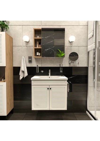 Yıldız Elegance Panjur Kapaklı Aynalı Lavabolu - Askılı Banyo Lavabo Dolabı Seti Ahşap - Beyaz