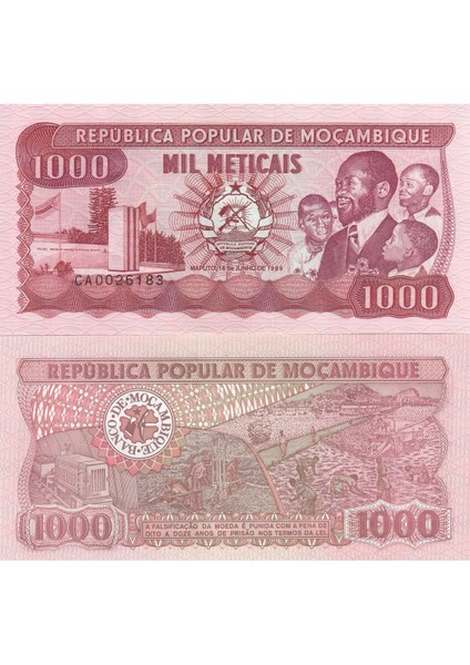 Mozambik 1000 Metıcaıs 1989, P#132C, Çil, Eski Yabancı Kağıt Para