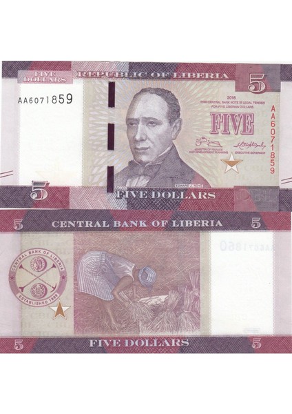 Liberia 5 Dolar 2016, P#31A, Çil, Eski Yabancı Kağıt Para
