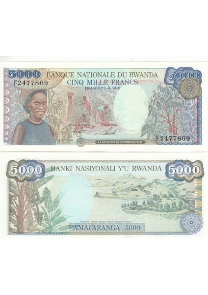 Rwanda 5000 Franc (Amafaranga) 1988, P#22, Çil, Eski Yabancı Kağıt Para