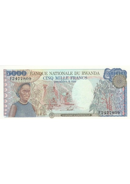 Rwanda 5000 Franc (Amafaranga) 1988, P#22, Çil, Eski Yabancı Kağıt Para fiyatları