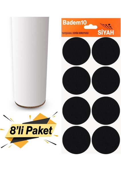 Zemin Koruyucu Keçe 50 mm Yapışkanlı (8'li Paket) Masa Sandalye Mobilya Koltuk Ayak Keçesi Siyah