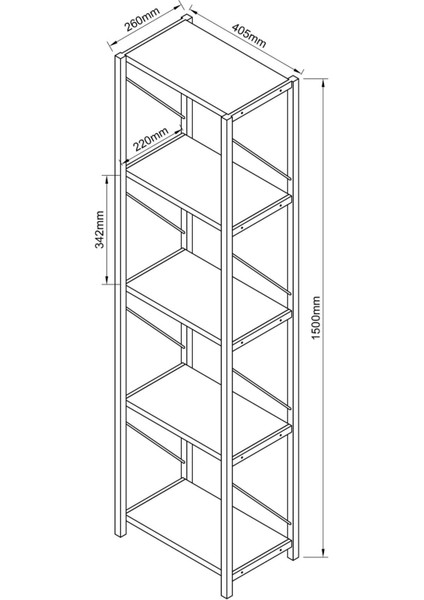 5 Raflı Metal Dar Kitaplık Dekoratif Kitaplık Meşe