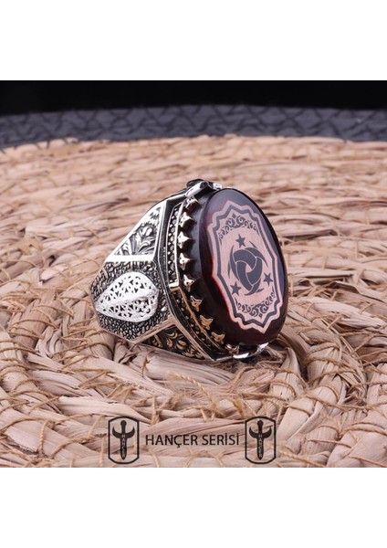 925 Ayar Gümüş Sıkma Kehribar Taşlı Teşkîlât-I Mahsûsa Desenli Erkek Yüzük