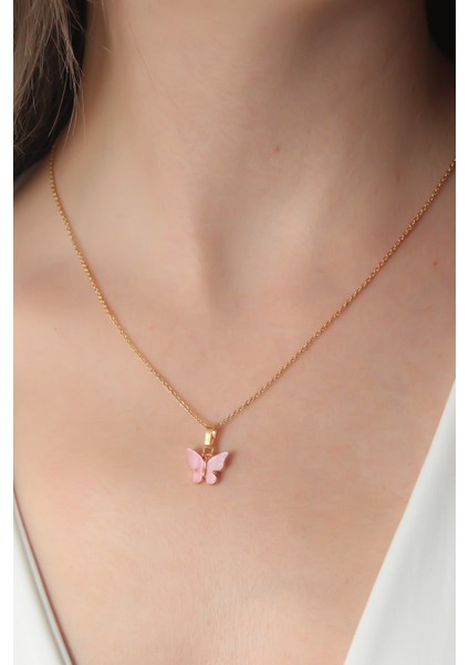Gold Pembe Renk Kelebek Figür Kadın Kolye