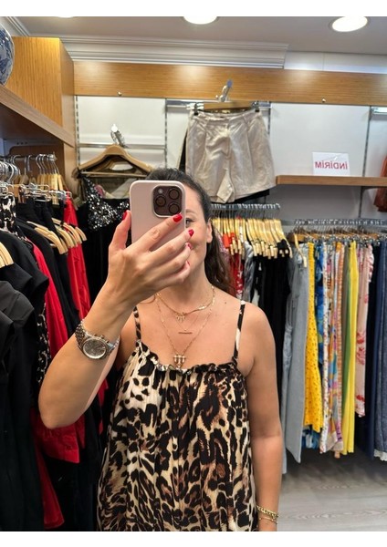 Askılı Fırfır Detay Uzun Leopar Elbise