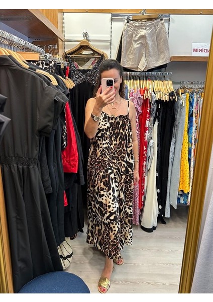 Askılı Fırfır Detay Uzun Leopar Elbise