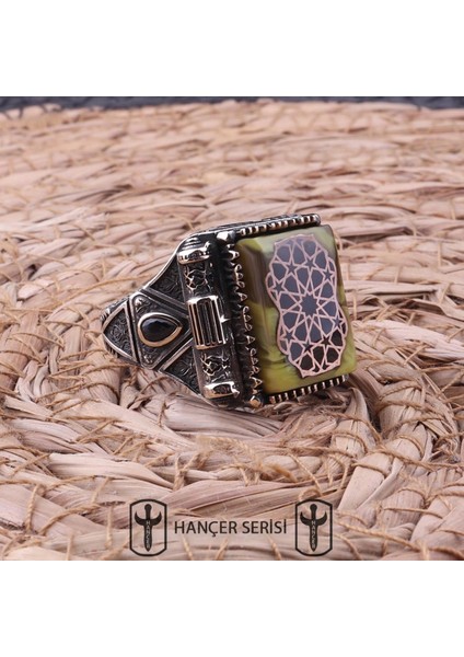 925 Ayar Gümüş Sıkma Kehribar Taşlı Osmanlı Desenli Erkek Yüzük