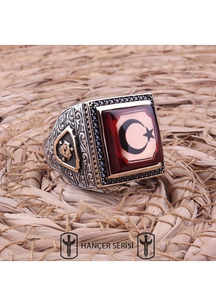 925 Ayar Gümüş Sıkma Kehribar Taşlı Ay Yıldız Desenli Erkek Yüzük