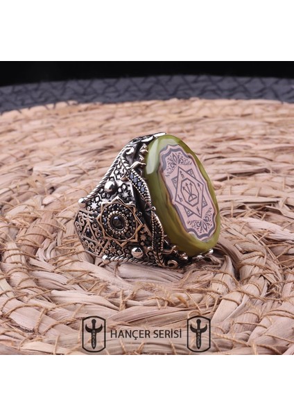 925 Ayar Gümüş Sıkma Kehribar Taşlı Oğuz Kağan Mührü Desenli Erkek Yüzük