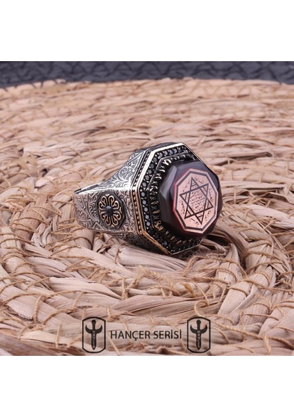 925 Ayar Gümüş Sıkma Kehribar Taşlı Mühr-I Süleyman Desenli Erkek Yüzük
