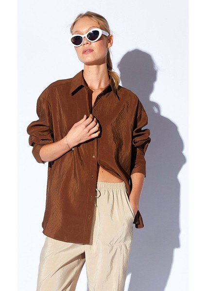 Kahve Soft Yumuşak Dokulu Modal Karışımlı Oversize Kadın Gömlek - 9503