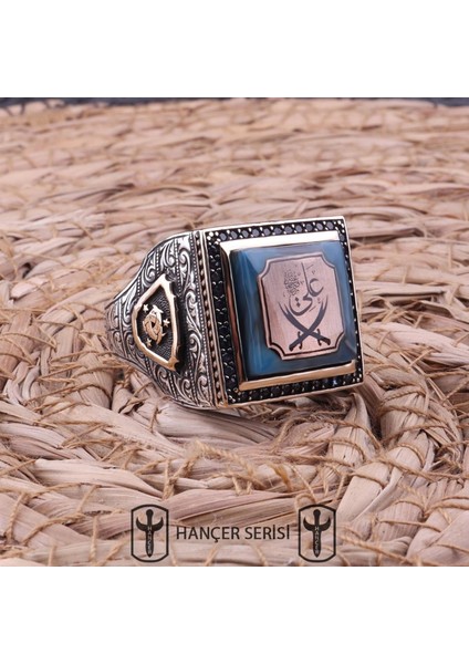 925 Ayar Gümüş Sıkma Kehribar Taşlı Çift Başlı Zülfikar Desenli Erkek Yüzük