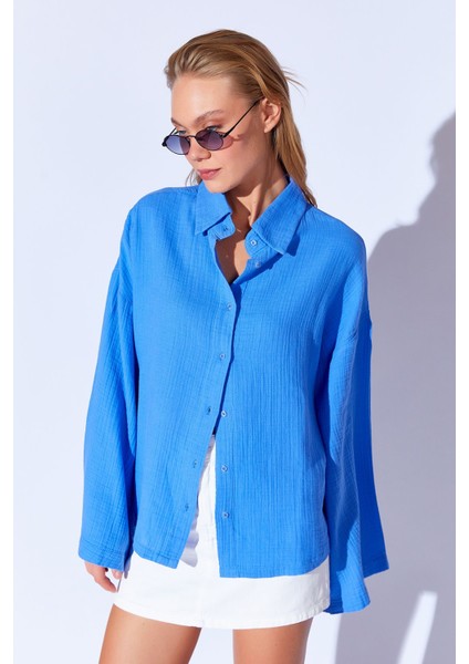 Saks Kolları Salaş Yıkamalı Müslin Oversize Rahat Kalıp Kadın Basic Gömlek| Mks166881-01-6881