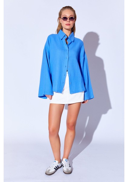 Saks Kolları Salaş Yıkamalı Müslin Oversize Rahat Kalıp Kadın Basic Gömlek| Mks166881-01-6881
