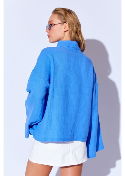 Saks Kolları Salaş Yıkamalı Müslin Oversize Rahat Kalıp Kadın Basic Gömlek| Mks166881-01-6881