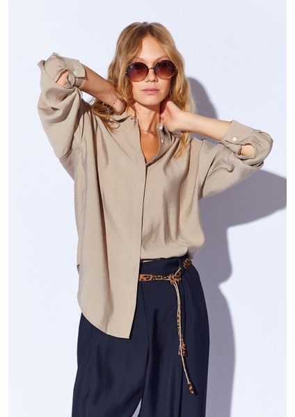 Toprak Modal Soft Dokulu Yumuşak Gizli Pat Detaylı Oversize Kadın Gömlek - 8262