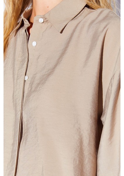 Toprak Modal Soft Dokulu Yumuşak Gizli Pat Detaylı Oversize Kadın Gömlek - 8262