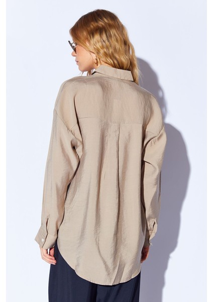 Toprak Modal Soft Dokulu Yumuşak Gizli Pat Detaylı Oversize Kadın Gömlek - 8262
